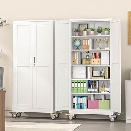 pozdeg 75" White Lockable Rolling Metal Garage Storage Cabinet - color: White, size: 15.75"D x 31.5"W x 75"H