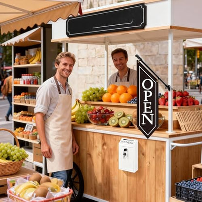 Locking Metal Cash Box with Key – 10.2"x5.7"x2.8" Money Collection Safe for Farm Stand or Retail – OPEN Flag Banner Kit with Pole & Bracket, Double-Sided Canvas Open Sign 42"x12" (Black) - color: Black