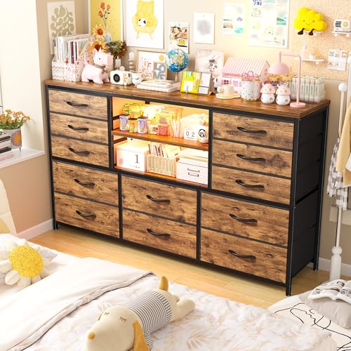 EnHomee Dresser for Bedroom with LED Lights & Charging Station - color: Rustic Brown