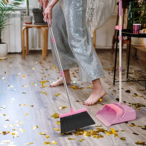 Broom and Dustpan Set for Home, Office, Indoor&Outdoor Sweeping, Stand Up Broom and Dustpan (Pink) - color: Pink