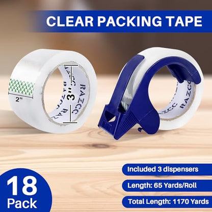 RAZCC Clear Packing Tape, 18 Rolls Heavy Duty Packaging Tape with Dispensers for Packing Shipping Moving and Sealing, Thicker Packing Tape-2" x 65 Yards Per Roll, 1170 Total Yards - size: 2"-18 Rolls