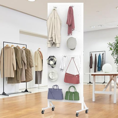 Pegboard Display Stand with Wheels, 24" x 70" Peg Board Stand, White - color: White