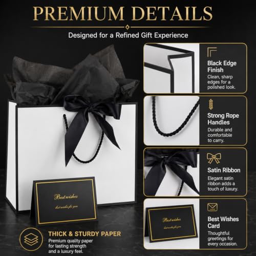 15 Pack White Gift Bags Set with Tissue Paper Ribbon Card for Wedding Party - color: White,Black