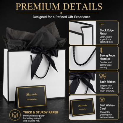 15 Pack White Gift Bags Set with Tissue Paper Ribbon Card for Wedding Party - color: White,Black