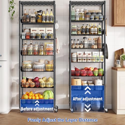 DurayLoly 7-Tier 300LBS Basket Wire Shelving Unit, Locking Wheels, Black - size: 72" H x 24" W x 14" D