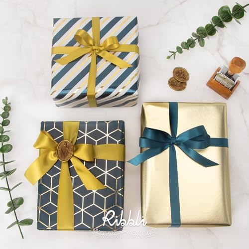 Ribbli Teal Gold Father’s Day Wrapping Paper Mini Roll, 3 Rolls Birthday Gift Wrap for Men Boy Friend Wedding - 17 inch x 120 inch(10feet) Per Roll - color: Teal/Gold