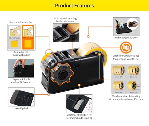 [TENDO°] TENDO Multi-Section Tape Dispenser, Custom Width Tape Cutter with 4 Cutting Sections, Built-in Safety Blade, Ergonomic Grip for Packing and Office Use, ZO-508(Black) - color: Black