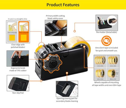 [TENDO°] TENDO Multi-Section Tape Dispenser, Custom Width Tape Cutter with 4 Cutting Sections, Built-in Safety Blade, Ergonomic Grip for Packing and Office Use, ZO-508(Black) - color: Black