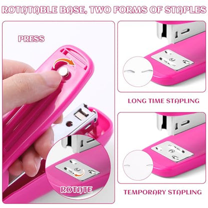 Hot Pink Desk Accessory Kit Cute Office Supplies Set Desktop Stapler Set Includes Staple Remover Hole Punch Tape Dispenser Ballpoint Pen Scissor Mini Box Cutter Tape Measure Paper Clips Sticky Notes - color: Hot Pink