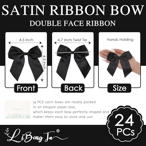 4.5" Small Twist Tie Black Satin Ribbon Gift Wrap Bows 24 Counts - color: Black