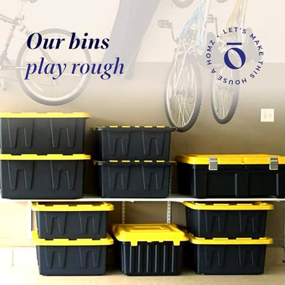 HOMZ Durabilt Plastic Storage Bins with Lids, 27 Gal, Black/Yellow, 2 Pack - color: Black Base/Yellow Lid, size: 27 Gallon (Pack of 2)