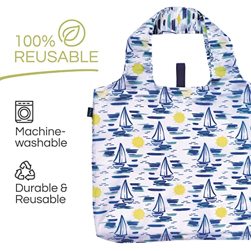 rockflowerpaper Reusable Grocery Bags - Washable, Foldable, Packable Tote, Large Handles, Heavy Duty, Zippered Top Pouch - color: Sails