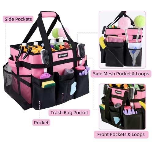 Large Rolling Cleaning Caddy Bag with Wheels, with Detachable Trolley, Cleaning Bags on Wheels for Housekeepers, Cleaning Cart Supplies Organizer for Home, Car, Picnic (Pink) - color: Pink