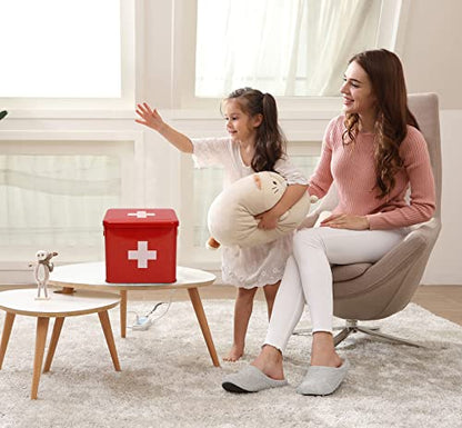 First Aid Kit, First Aid Medicine Supplies Bin - 2-Tier Metal Medicine Storage Tin, First Aid Box with Removable Tray for Home Emergency Tool Set-Red