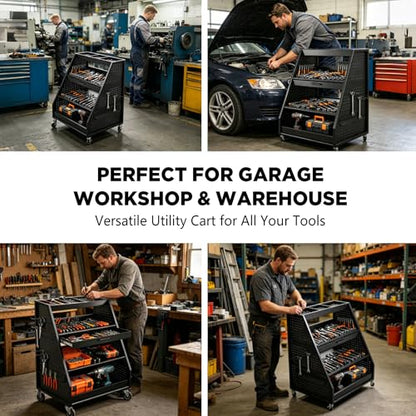 4-Tier Heavy Duty Rolling Tool Cart with Pegboard & Sliding Tray, 440 LBS Load Capacity Steel Utility Cart on Lockable Wheels, Mobile Tool Storage Organizer for Mechanic, Garage, Workshop, Black