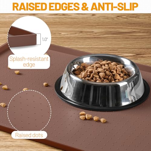 Hubulk Dog Feeding Mat,100% Waterproof Food Grade Silicone Pet Food and Water Bowl Placemat,Dishwasher, High Raised Edge to Prevent Spills,Nonslip Tray to Stop Messes on Floor（28"x18"x0.8", Brown） - color: Brown, size: 28"l X 18"w
