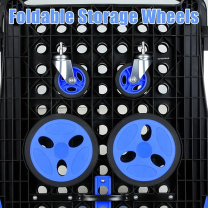 Foldable Shopping Cart, Heavy Duty Collapsible Cart with Wheels, 198 lbs Capacity, Compact Fold to 4.33", Aluminum Frame & Removable PP Wheels, Includes 2 Storage Boxes (Blue)