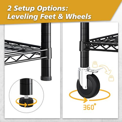 4-Tier Shelf, Adjustable Wire Metal Rack Shelving, Heavy Duty Standing Storage Shelves, Garage, Kitchen, Office, Bathroom, Shelfs Easy Assembly, 55" W x 23.6" D x 75.6" H Wheels, Black - color: Black, size: 4-tier 55.12"W x 23.62"D x 75.59"H Wheels