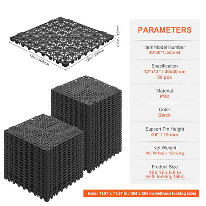 VEVOR Interlocking Tile 50PCS Black, Drainage Tiles 12" x 12" Splicing, Soft PVC Interlocking Drainage Floor Tiles, Non-Slip Drainage Holes for Restroom, Bathroom, Kitchen, Pool, Wet Areas - color: Black