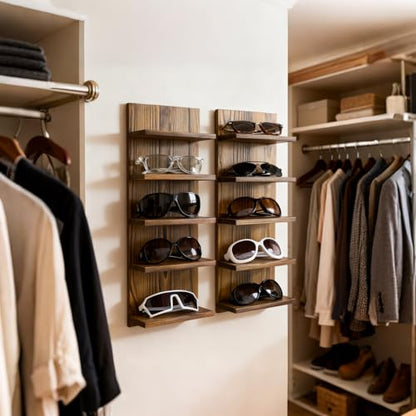 MyGift 5-Tier Rustic Burnt Solid Wood Sunglasses Holder Rack, Wall-Mount or Tabletop Eyewear Display Stand, Retail and Home Glasses Organizer, Set of 2 - color: Dark Brown