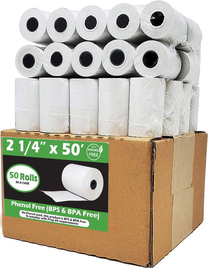 Phenol Free Thermal Paper (100 Rolls) 2 1/4 x 50 Credit card Receipt Rolls 55 GSM Premium Quality German Paper fits all Terminals Verifone VX520 Ingenico ICT220 BPA Free from BuyRegisterRolls