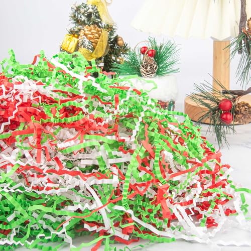 Caleihd Crinkle Cut Paper Shred Filler Gift Cushion Streamer 3 Mix Color - color: Green& Red& White