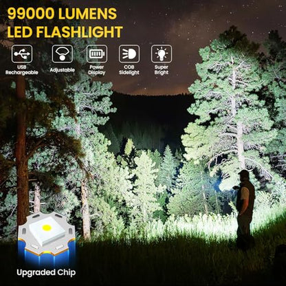 Flashlight Rechargeable Flashlights High Lumens, 99,000 LM Bright LED Flashlight Powered Flash Light, USB Rechargeable Flashlights & Waterproof Handheld Flash lights for Home Camping Hiking(2 Pack)
