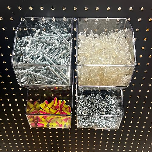 Clear Acrylic Pegboard Bins, 4-Pack, Snap-On Storage Cups for Standard Pegboard, Garage Workbench Organizer for Screws, Nails, Bolts, Craft Supplies and Retail Display