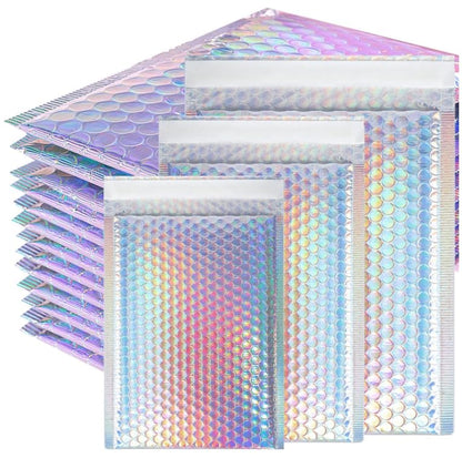 50 Pcs Metallic Bubble Mailers,Waterproof Self Seal Adhesive Shipping Bags,Holographic Cushion Envelopes,Foil Glitter Shipping Mailer,Poly Padded Envelopes for Mailing Packing Small Business