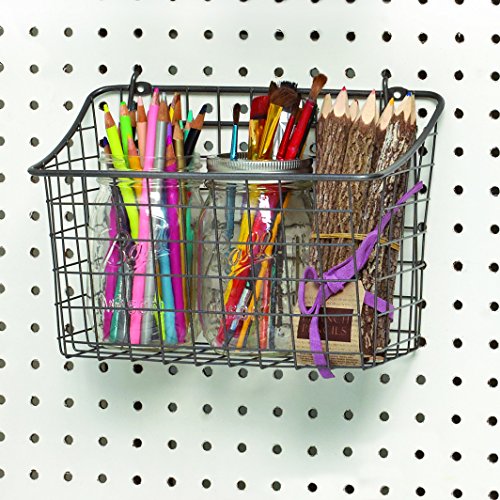 Spectrum Large Wire Basket Pegboard Wall Organizer Metal Pegboard Storage Bin Dual Mounting System for Garage Tools Workshop Supplies Craft Room Organization & Accessories, Industrial Gray