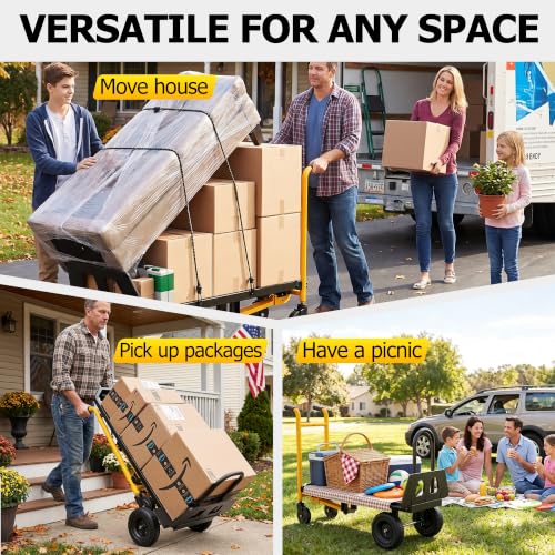 4 in 1 Folding Hand Truck, 1000lbs Capacity Dolly Cart Industrial Convertible Heavy Duty with Retractable Handle and 4 Rubber Wheels, Collapsible Cart for Moving Home, Office, Warehouse - color: Black-1000