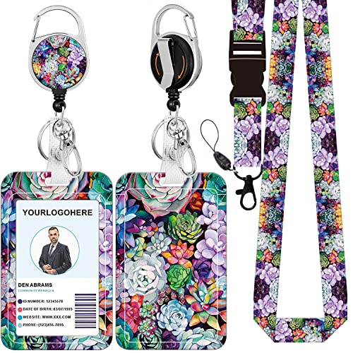 Badge Lanyard and ID Badge Holder, Retractable Badge Reels with Carabiner Reel Belt Clip, Strap Lanyard with Lobster Clasp for Badge Holders, Nurse Teacher Office Gifts(BLC-Green Flowers) - color: Blc-succulents