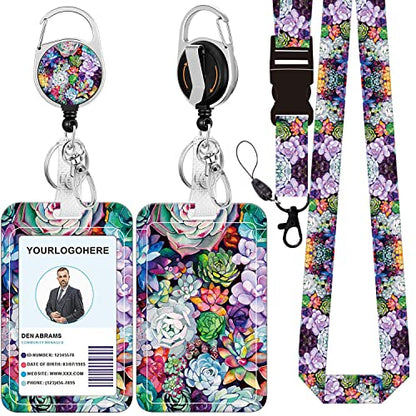 Badge Lanyard and ID Badge Holder, Retractable Badge Reels with Carabiner Reel Belt Clip, Strap Lanyard with Lobster Clasp for Badge Holders, Nurse Teacher Office Gifts(BLC-Green Flowers) - color: Blc-succulents