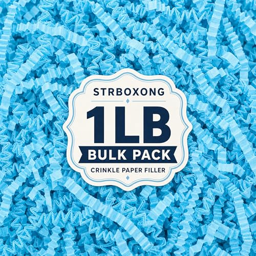 STRBOXONG Light Blue Crinkle Paper Filler 1 LB, Dust-Free Crinkle Cut Paper Shred for Baby Shower Gifts, Birthday Gift Boxes, Gift Baskets, Party Favors, DIY Crafts and Small Business Packaging - color: Light Blue