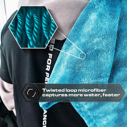 Blackline Microfiber Car Drying Towel 24"x36", 1300GSM Twisted Loop - color: Aqua