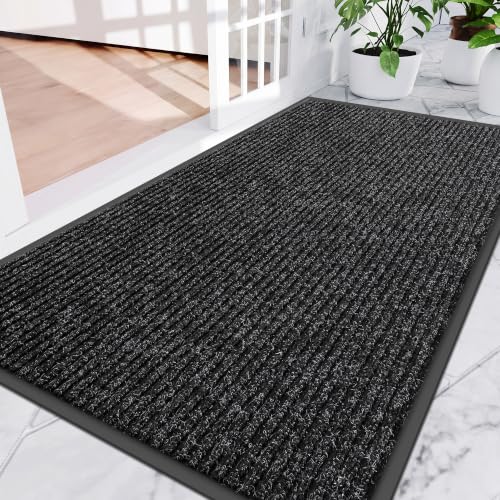 Amyracel Front Door Matt 4'x5', Heavy Duty Waterproof Indoor Outdoor Doorma - color: Black Double Stripe, size: 5' x 4' (Rectangular)