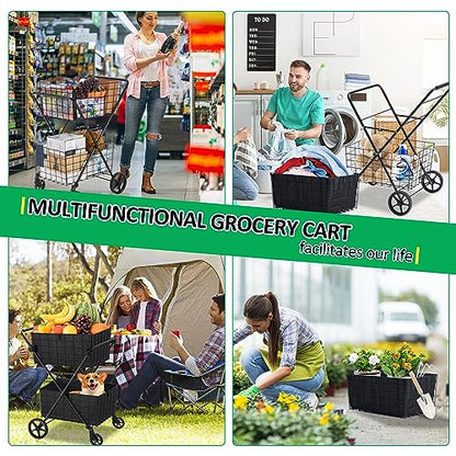 Spurgehom 2-Tier Shopping Cart for Groceries Folding Grocery Cart On Wheels with Removable Double Baskets 360° Rolling Utility Cart with Oxford Cloth Liner, Black - size: Extra Large