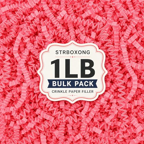 STRBOXONG Pink Crinkle Paper Filler 1 LB, Dust-Free Crinkle Cut Paper Shred for Gift Baskets, Bridesmaid Boxes, Valentine Gifts, Baby Shower Favors, Beauty Packaging, Party Supplies and Gift Bags - color: Pink