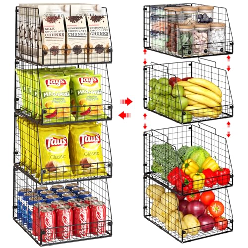 Jakyitvi 4 Pack XXL Stackable Wire Storage Basket, Extra Large Capacity Pantry Organizer and Storage, Muti-Purpose for Fruit Vegetable Basket & Toy Bin & Snack Organizer - size: 4 Pack-Narrow 11.8"W x 15.4"D