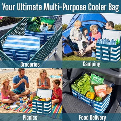 VENO 2 Pack Cooler Bag Insulated Grocery Bags for Food Delivery Heavy Duty - color: Classic Navy Stripe, size: 2 Pack