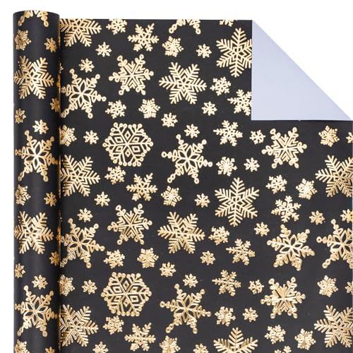 WRAPAHOLIC 30 Inch 3D Kraft Christmas Wrapping Paper - 30 Inch x 16.5 Feet - Gold and Black Snowflake Wrapping Paper with Embossed Perfect for Christmas, Holiday, Party Celebration - color: Christmas Snowflakes - Black & Gold, size: 30 inch x 16.5 feet