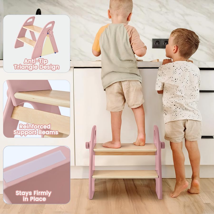 Wooden 2 Step Stool for Toddlers, Foldable 2-Step with Non-Slip Pads and Handles, Bamboo Step Stool for Kids Bathroom Sink and Potty Training, Kitchen Helper, Nursery Bedroom (Pink) - color: Pink