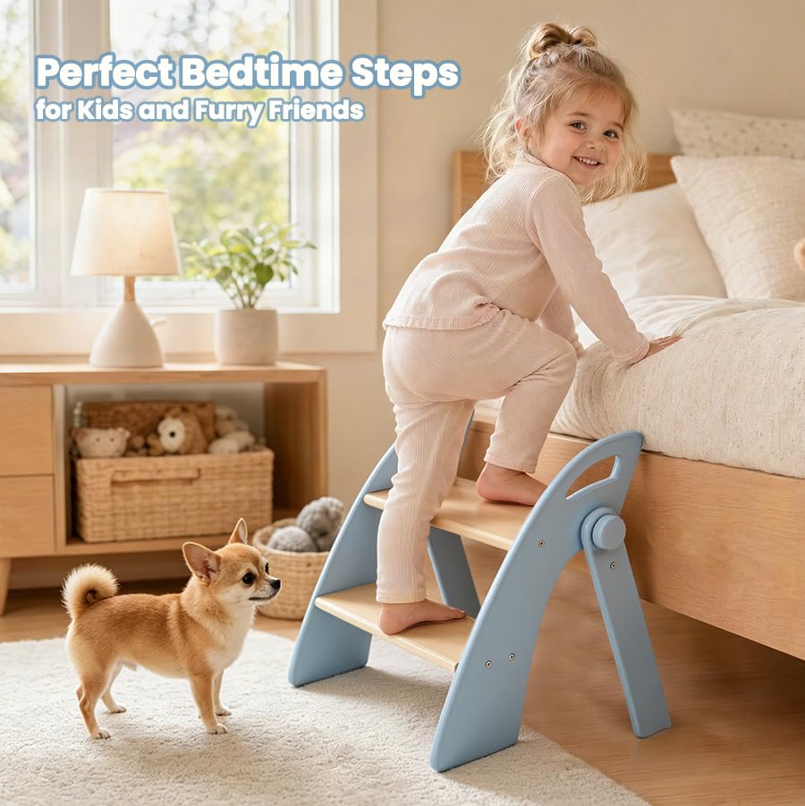 Wooden 2 Step Stool for Toddlers, Foldable 2-Step with Non-Slip Pads and Handles, Bamboo Step Stool for Kids Bathroom Sink and Potty Training, Kitchen Helper, Nursery Bedroom(Blue) - color: Blue