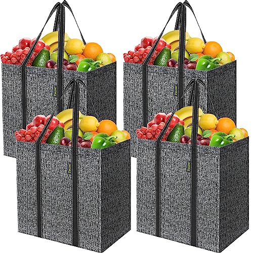 BALEINE 4 PK Grocery Bags Reusable Shopping Bags with Reinforced Bottom, Heavy Duty Foldable Tote Bags (Grey) - color: Grey, size: 4 PK