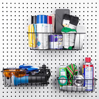 Pegboard Basket Set - 3 Pack - Hooks to 1/4" Hole Peg Board - Better Tool Organization - Organize Tools, Workbench, Accessories, Garage Storage - Wall Organizer Attachments, Black Wire Pegboard Basket