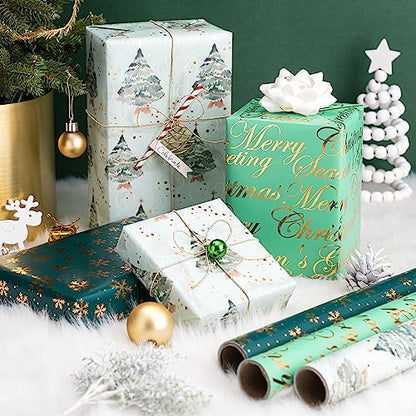 WRAPAHOLIC Christmas Wrapping Paper - 3 Rolls, 17 Inch X 120 Inch Each - Green Foil Christmas Tree, Snowflake Designs with Metallic Shine - Perfect for Christmas, Holiday - color: Christmas - Green Foil