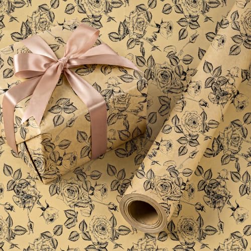 mypartyco Kraft Floral Wrapping Paper Roll- Mini Roll-17 Inch x 19.7 Feet