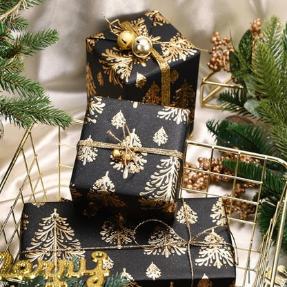 WRAPAHOLIC 3D Kraft Christmas Wrapping Paper Roll - Mini Roll - 17 Inch x 16.5 Feet - Gold and Black Christmas Tree Wrapping Paper with Embossed Perfect for Holiday, Party Celebration - color: Christmas Tree - Black & Gold, size: 17 inch x 16.5 feet