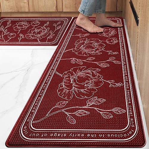 Kitchen Floor Mat Set of 2, Anti Fatigue Kitchen Mat 20"x32"+20"x47" - color: Red, size: 20"x32"+20"x48"
