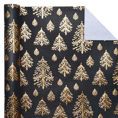 WRAPAHOLIC 3D Kraft Christmas Wrapping Paper Roll - Mini Roll - 17 Inch x 16.5 Feet - Gold and Black Christmas Tree Wrapping Paper with Embossed Perfect for Holiday, Party Celebration - color: Christmas Tree - Black & Gold, size: 17 inch x 16.5 feet